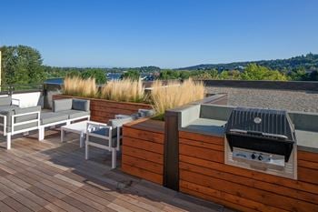 Outdoor terrace with view of the willamette river and mt. Hood